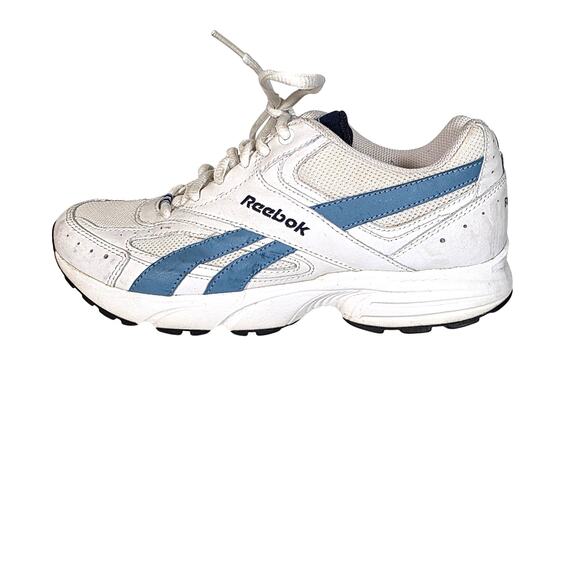 Reebok Shoes - Reebok White Leather Women's 8 Athletic Shoes Blue Accents RB 409PYE Sneakers